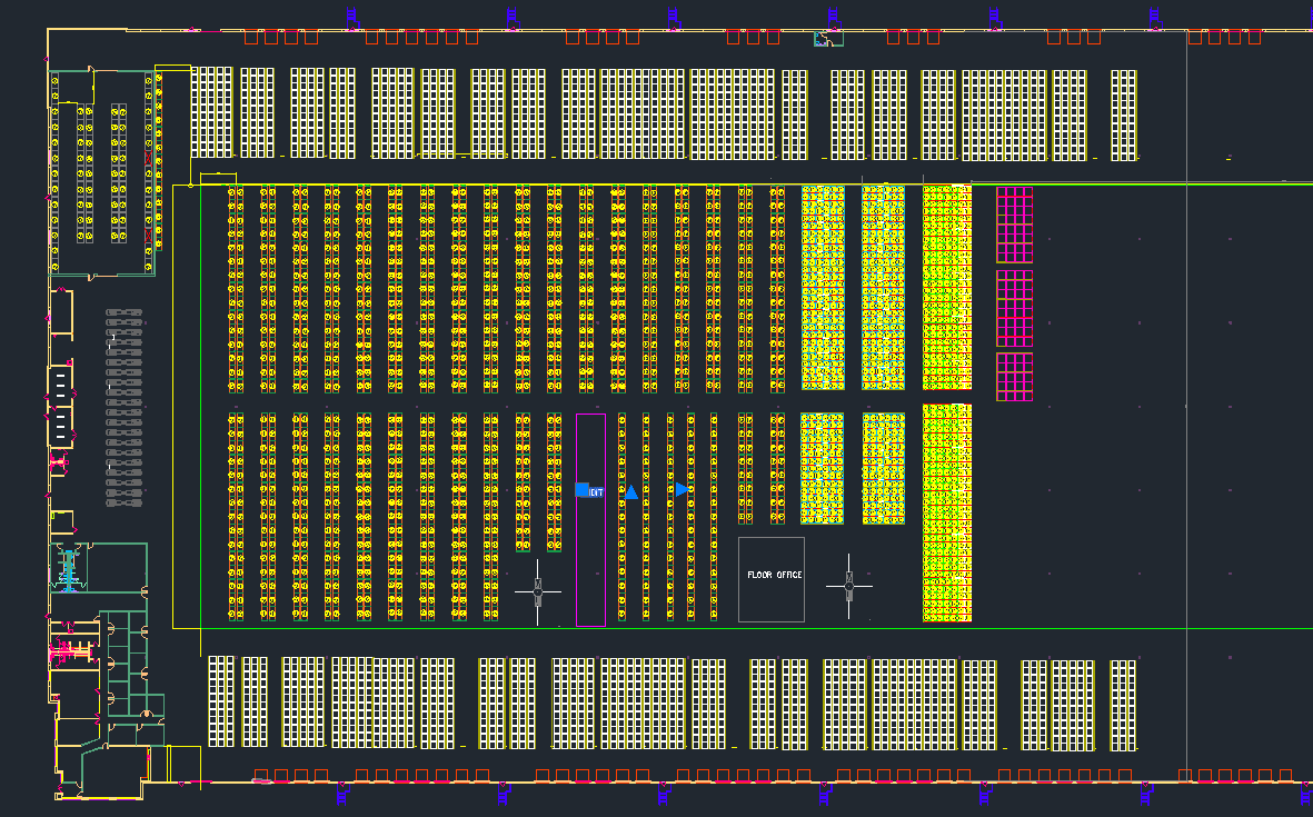 AutoCAD warehouse floor plan with racking layout