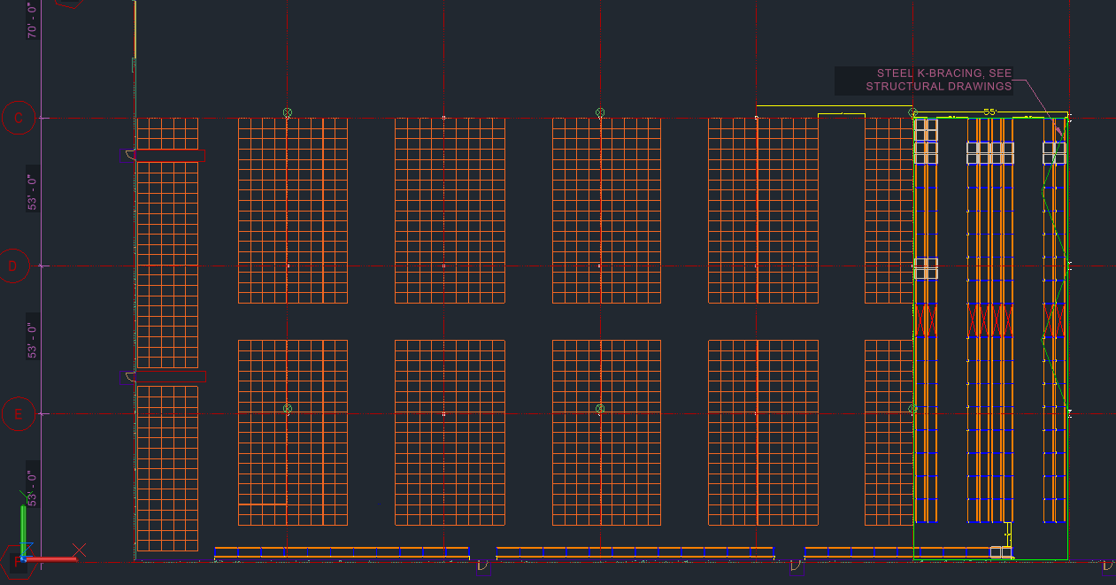 AutoCAD racking elevation drawing with structural details